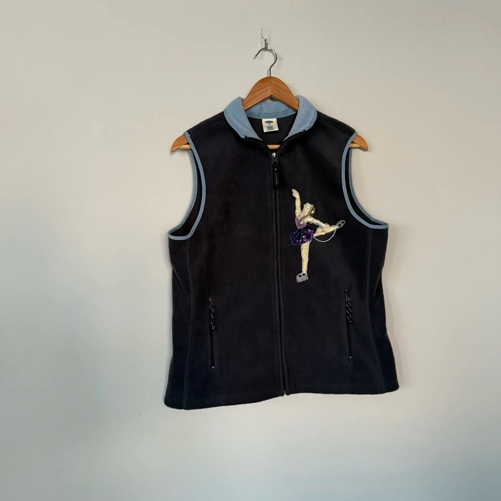 Vintage Y2K 2003 Old Navy Navy Zip Up Figure Skater Embroidered Fleece Vest